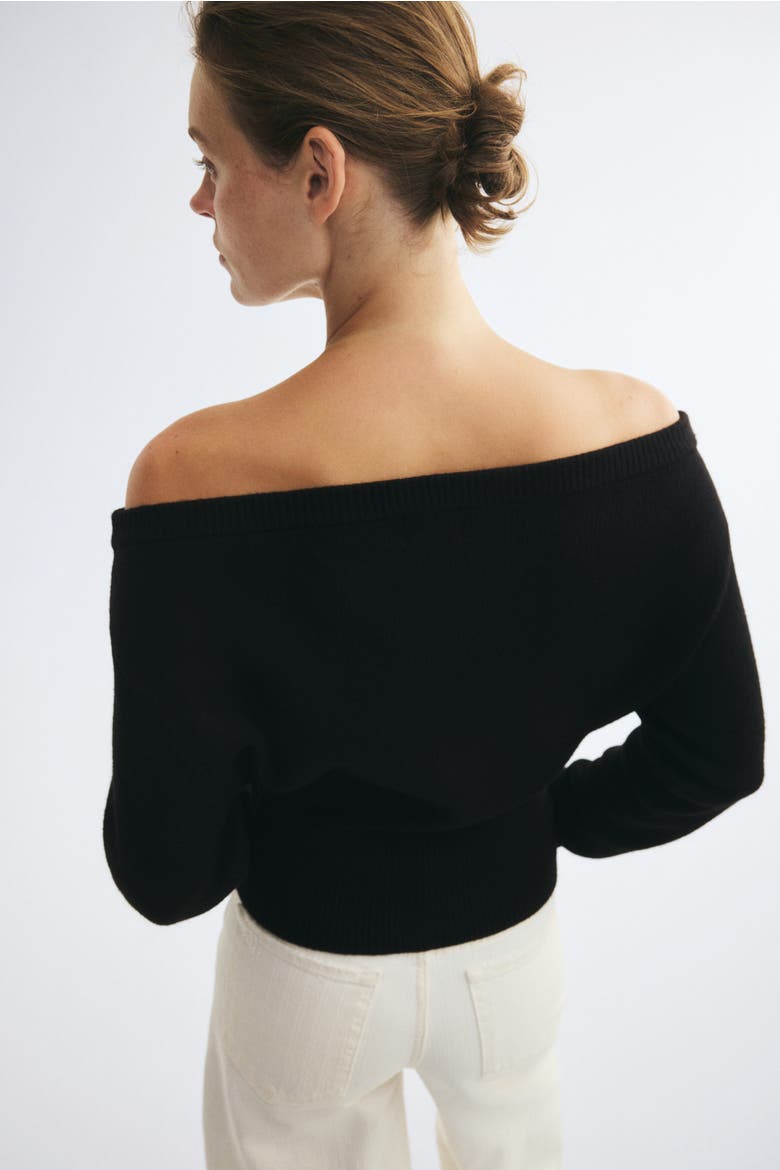Bouclé-Knit Off-The-Shoulder Cardigan, Alternate, color, Black