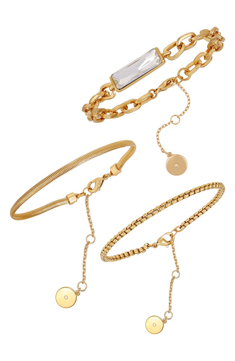 Vince Camuto Set of 3 Baguette Crystal & Chain Bracelets, Main, color, Gold Tone