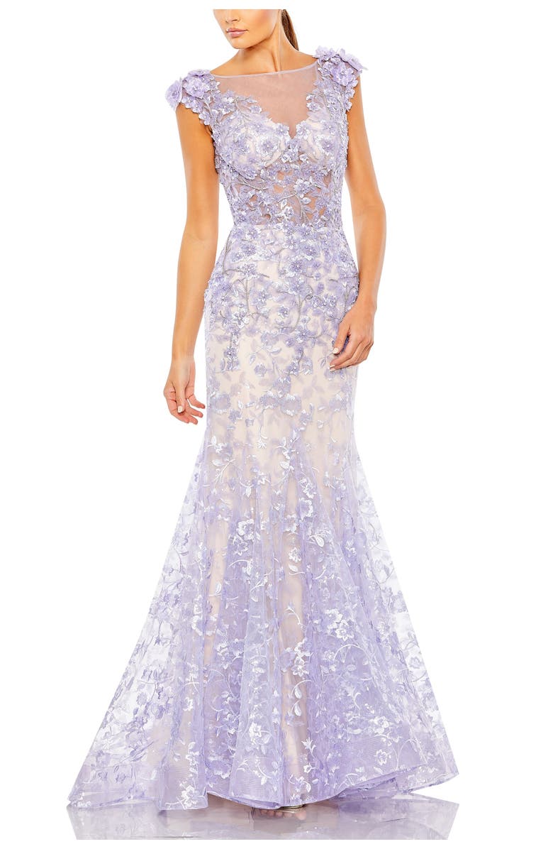 Mac Duggal Embellished Cap Sleeve Cowl Neck Trumpet Gown, Main, color, Lilac Nude