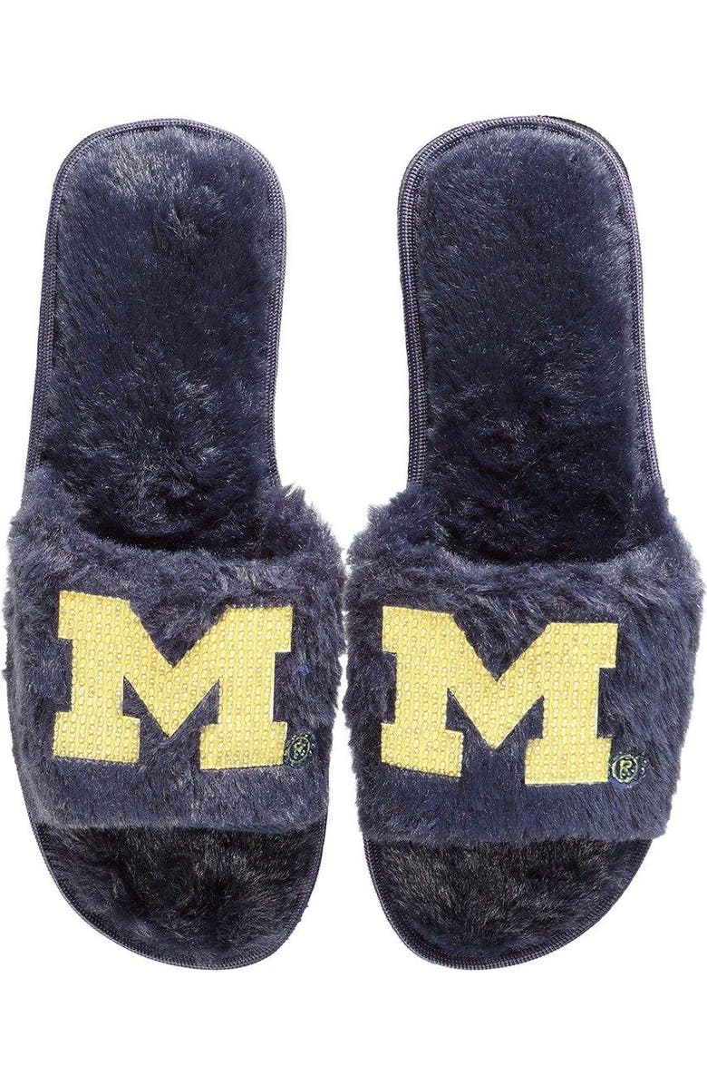 FOCO Women's FOCO Navy Michigan Wolverines Rhinestone Fuzzy Slippers, Main, color,