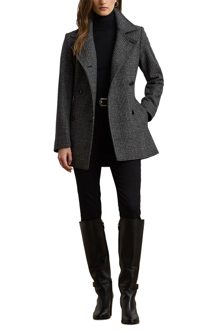 Belted Double Breasted Wool Blend Coat, Alternate, color, BLACK/ GREY PLAID