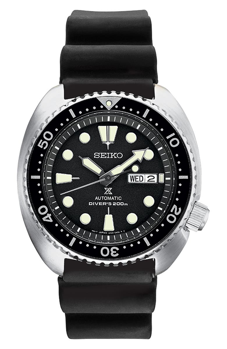 SEIKO WATCHES Prospex Diver Automatic Silicone Strap Watch, 45mm, Main, color, Black