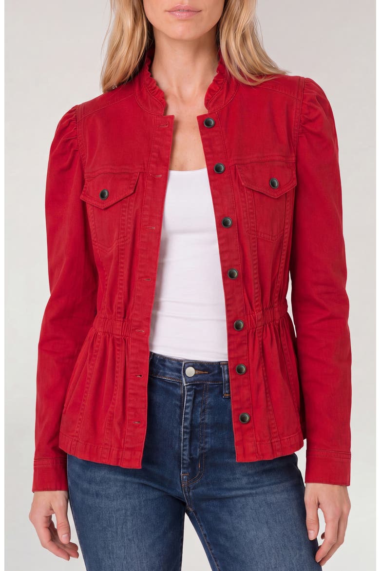Puff Sleeve Ruffle Trim Trucker Jacket, Main, color, SUNDANCE RED