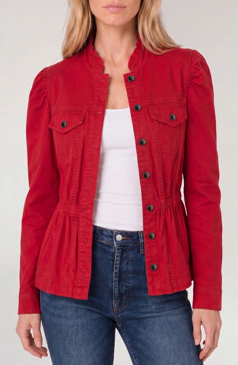 Puff Sleeve Ruffle Trim Trucker Jacket