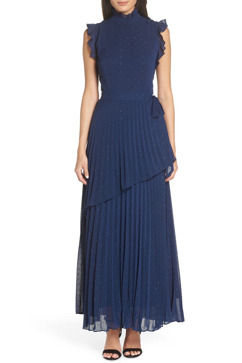 Wrap Waist Pleated Maxi Dress, Main, color, NAVY PATRIOT
