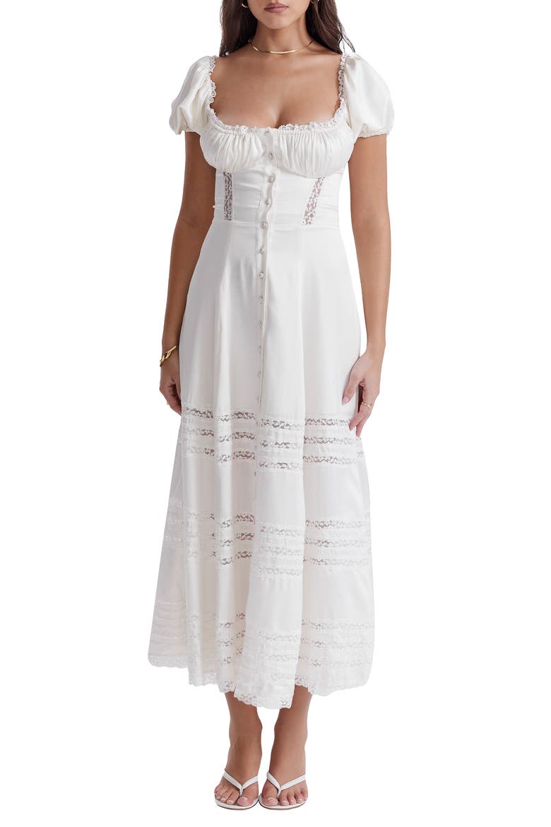 Eviana Lace Trim Puff Sleeve Silk Blend Maxi Dress, Main, color, WHITE