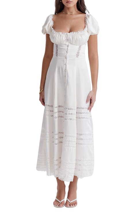 Eviana Lace Trim Puff Sleeve Silk Blend Maxi Dress