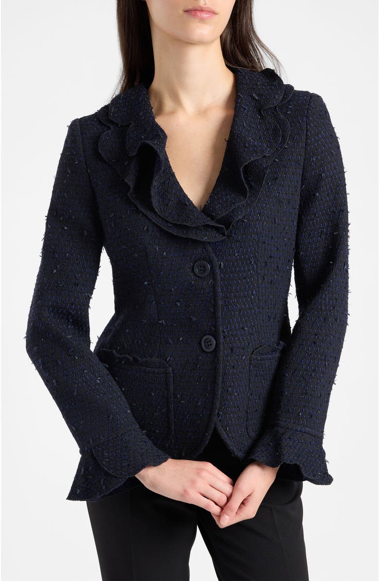 Santorelli Celeste Ruffle Jacket in Luxury Tonal Tweed, Alternate, color, Midnight