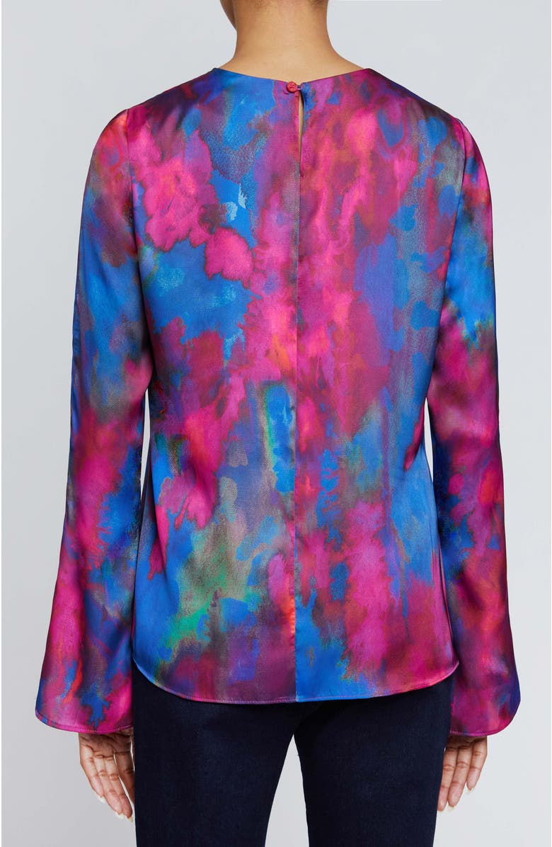 Santorelli NOA Long Sleeve Keyhole Blouse in Abstract Printed Charmeuse, Alternate, color, Magenta Multi