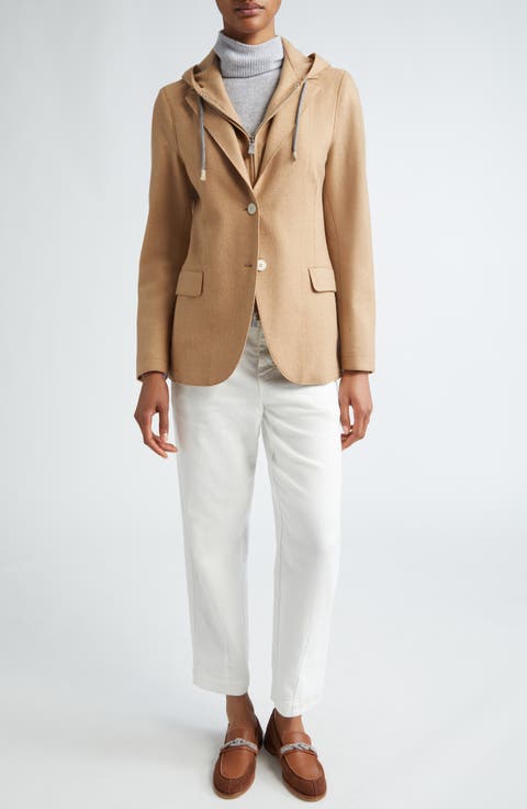 Wool Blend Flannel Blazer with Removable Hooded Bib