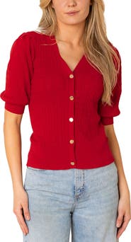 Hope & Henry Organic Puff Sleeve Button Front Sweater