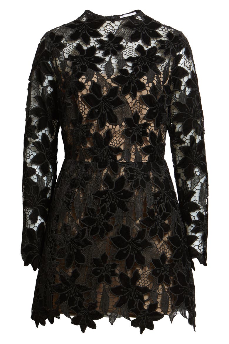 Zia Velvet Floral Lace Long Sleeve Cocktail Minidress, Alternate, color, BLACK