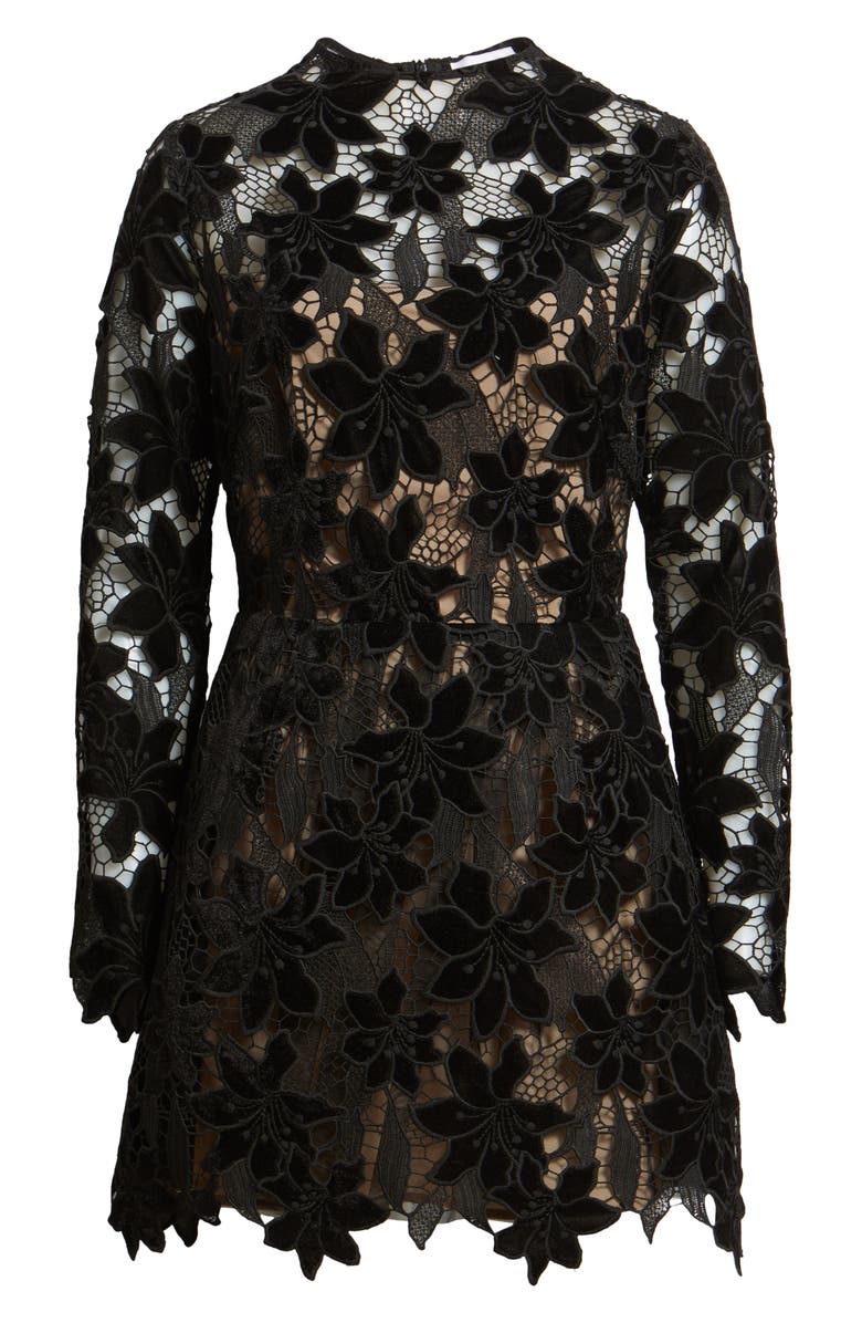 Lucy Paris Zia Velvet Floral Lace Long Sleeve Cocktail Minidress, Alternate, color, 