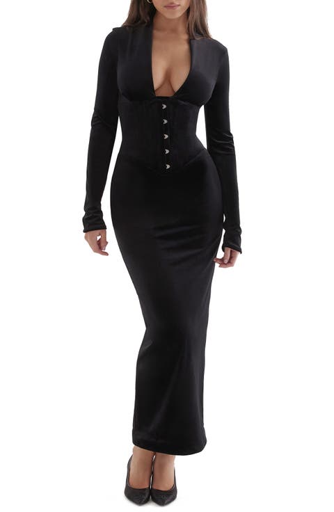 Arabella Plunge Neck Long Sleeve Velvet Corset Dress