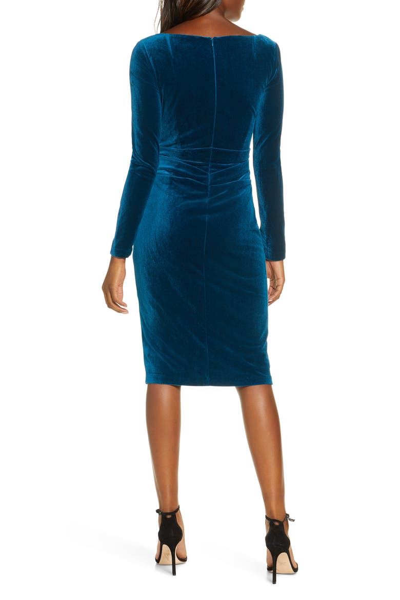 Long Sleeve Ruched Stretch Velvet Dress, Alternate, color, PEACOCK