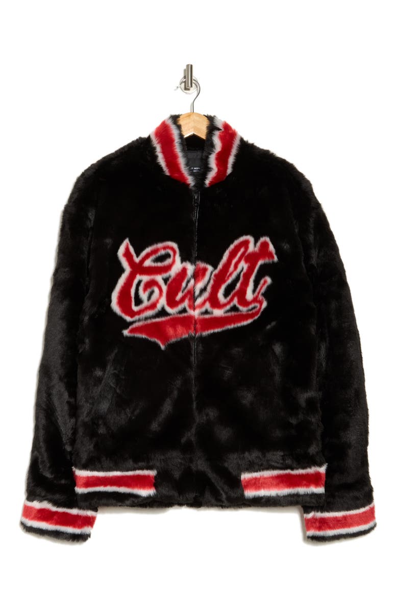 Faux Fur Varsity Jacket, Alternate, color, BLACK