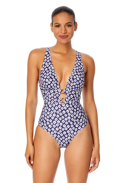 ANNE COLE TIE DYE IKAT DOUBLE RING PLUNGE FRONT ONE PIECE SWIMSUIT