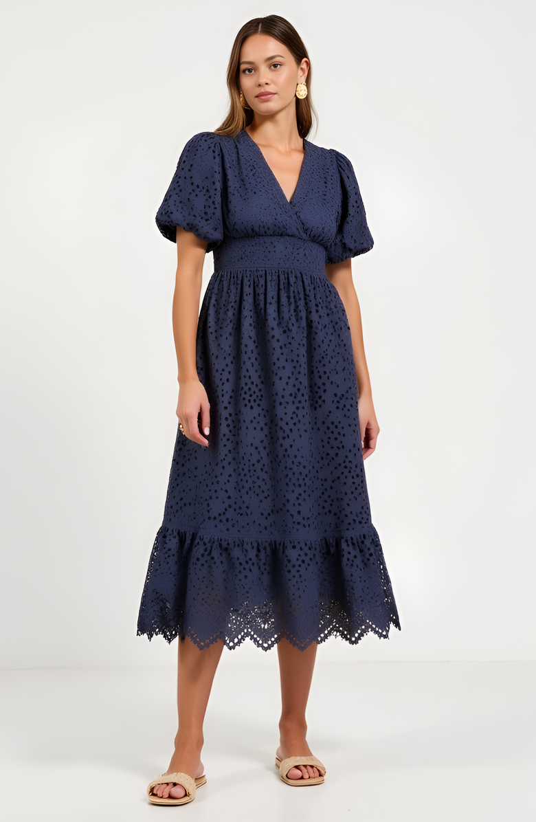 Modenaire Puff-Sleeve Eyelet Midi Dress, Alternate, color, Navy