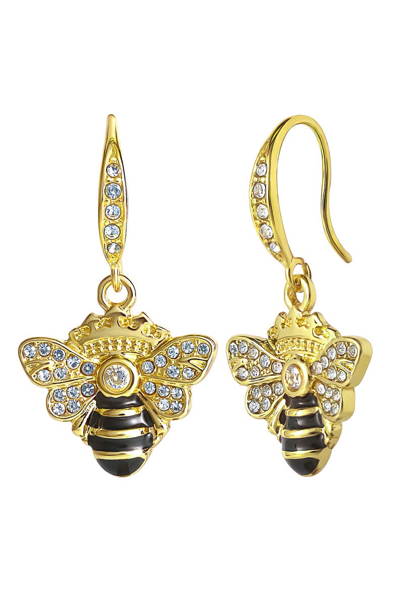 Rhinestone and Black Enamel Bee Earrings for Women, Gold-Tone, Main, color, Gold-Tone