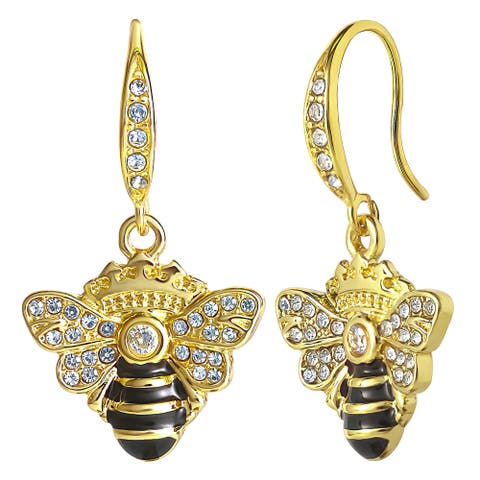 Rhinestone and Black Enamel Bee Earrings for Women, Gold-Tone