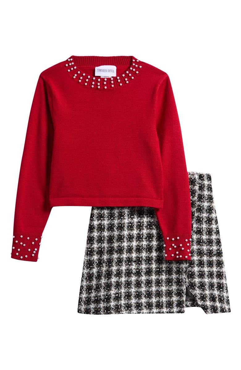 Tween Diva Kids' Faux Pearl Embellished Sweater & Tweed Skirt Set, Main, color, Red