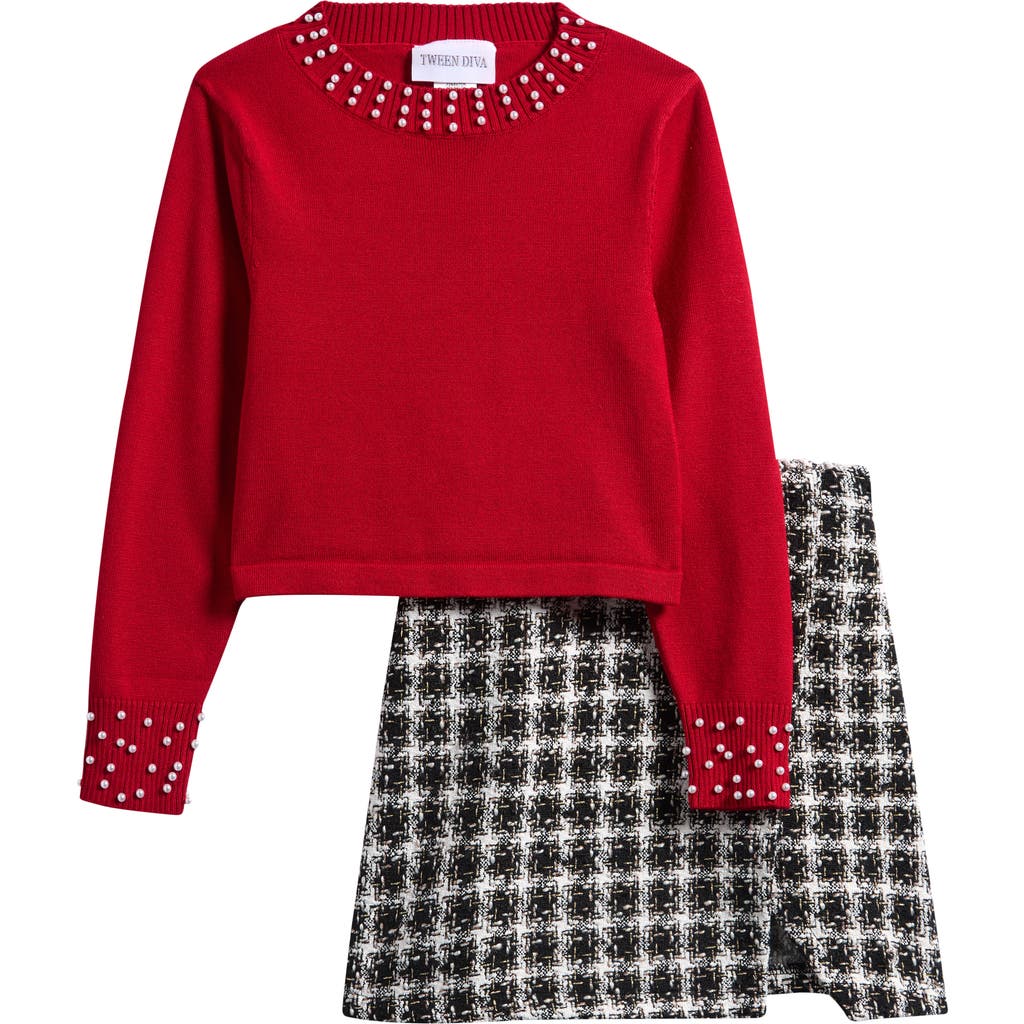 Tween Diva Kids' Faux Pearl Embellished Sweater & Tweed Skirt Set In Black