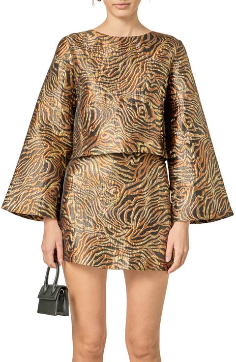 Zebra Print Metallic Flared Sleeve Top
