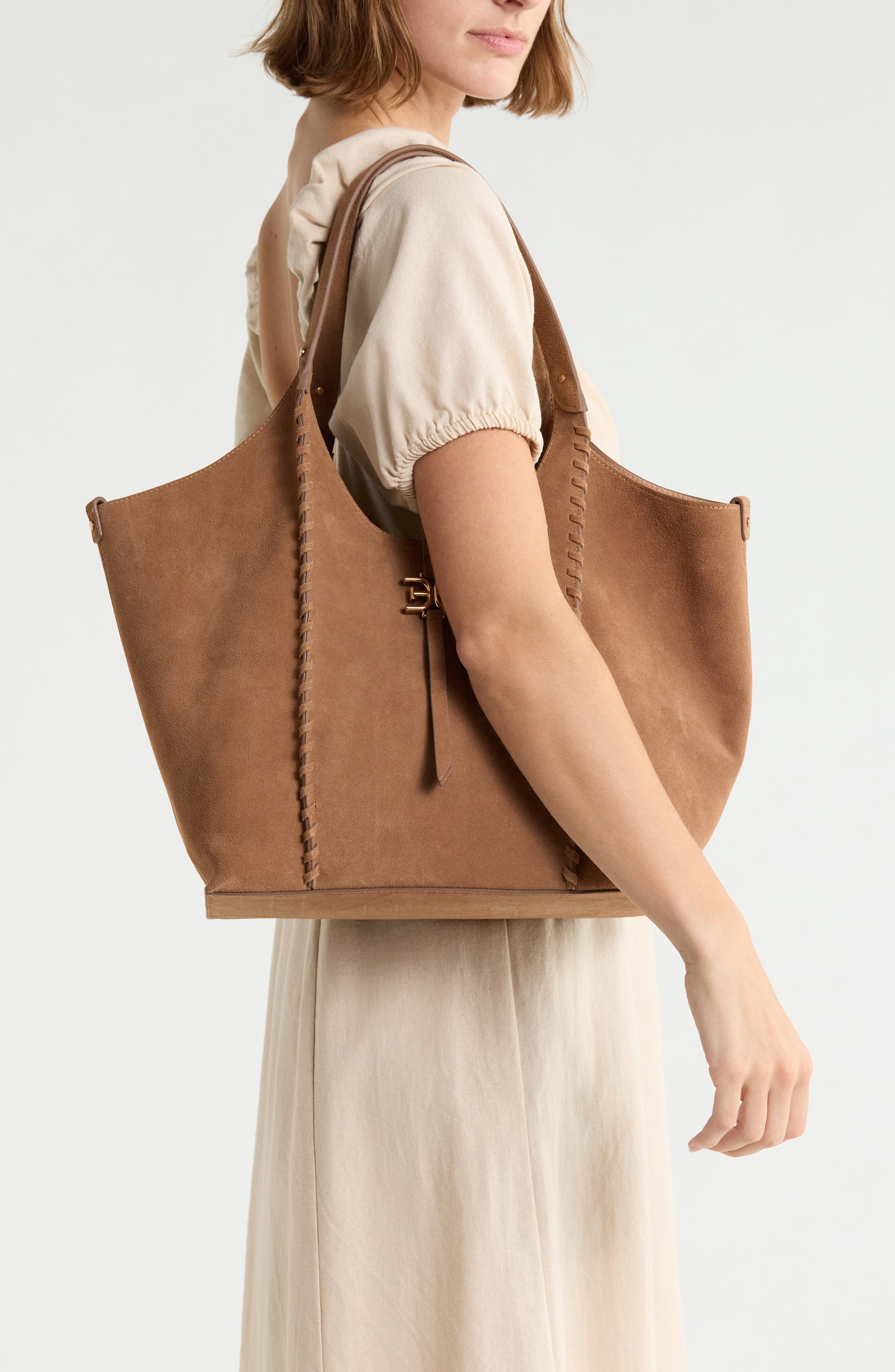 Sylvia Whipstitch Medium Suede Hobo Bag, Alternate, color, TAN