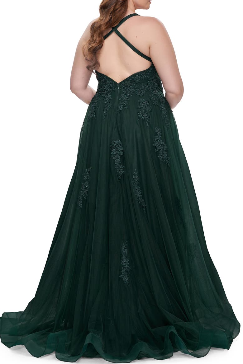 Plus Size A-line Tulle Dress with Floral Detailing, Alternate, color, Dark Emerald