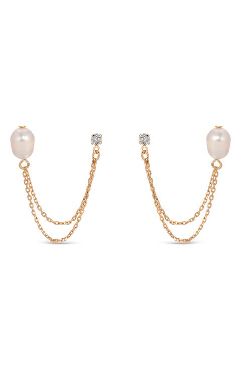 Cubic Zirconia & Freshwater Pearl Draped Stud Earrings
