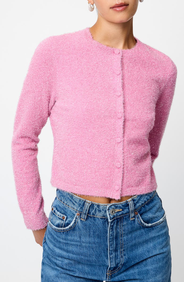 French Connection Tinsel Metallic Fuzzy Cardigan, Main, color, Taffy Pink