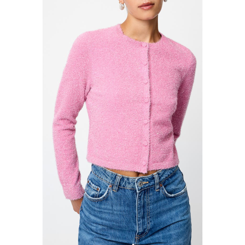 French Connection Tinsel Metallic Fuzzy Cardigan In Pink