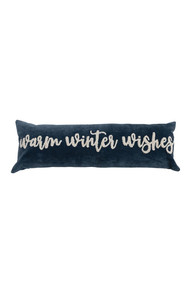 Storied Home Woven Cotton Velvet Lumbar Pillow with Embroidered "Warm Winter Wishes", Navy and Cream, Main, color, Navy