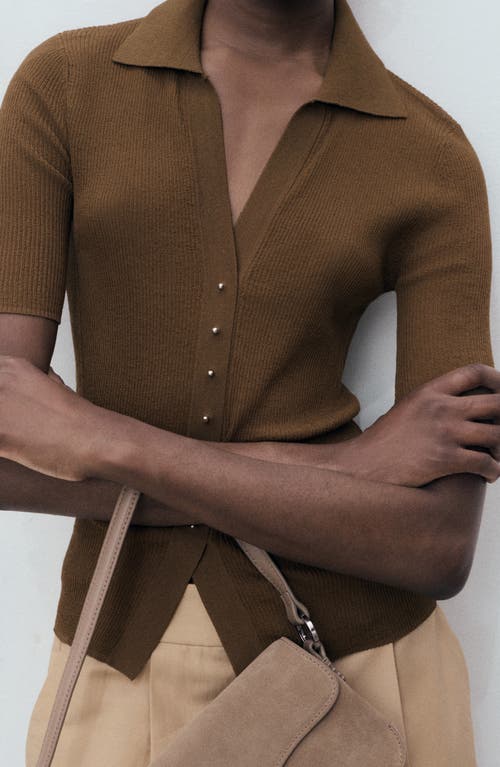 Mango Fine Knit Sweater With Shirt Collar In Brown