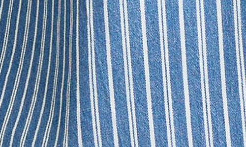Jones New York Stripe Short Sleeve Chambray Button-up Shirt In Blue