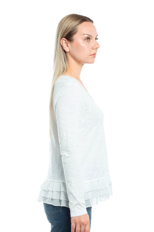 Wilt Clothing V-neck Mixed Media Long Sleeve Tee With Ruffle Hem In Blue
