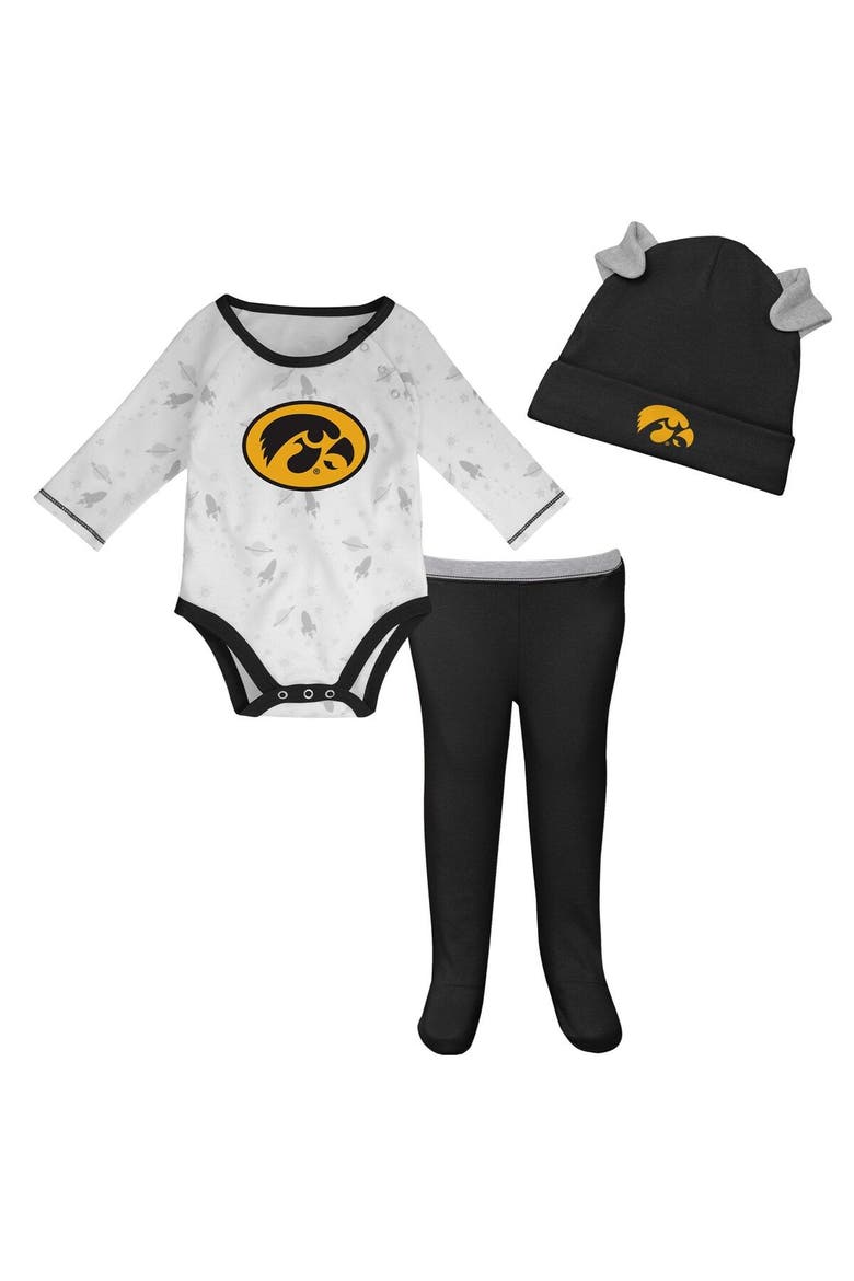 Newborn & Infant Black/White Iowa Hawkeyes Dream Team Raglan Long Sleeve Bodysuit Hat & Pants Set, Main, color, Black