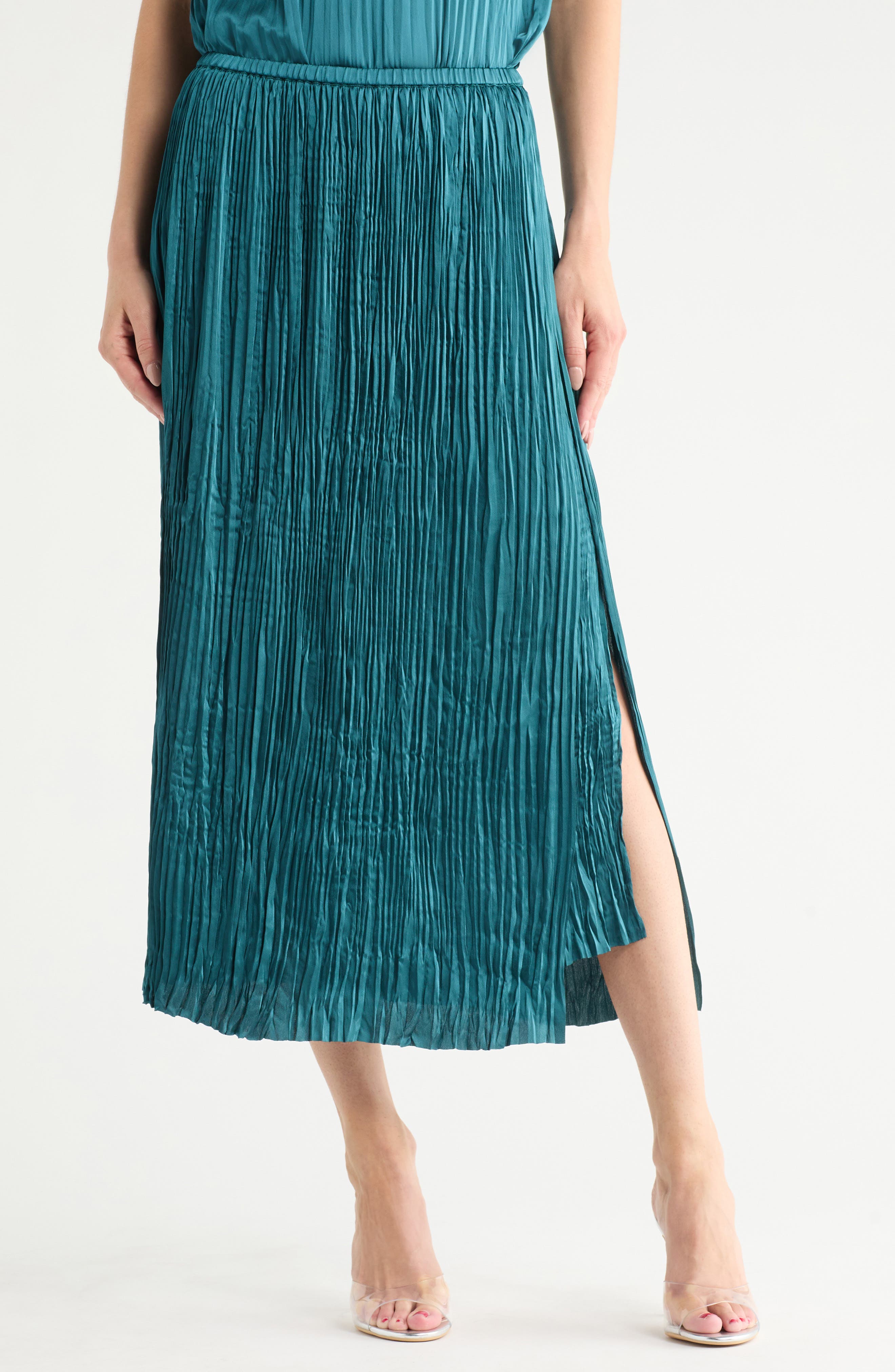 Vince Crushed Overlay Satin Midi Skirt