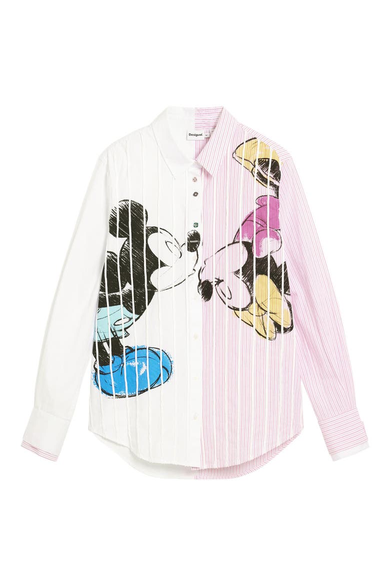 Mickey & Minnie Mouse Graphic Button-Up Shirt, Alternate, color, WHITE
