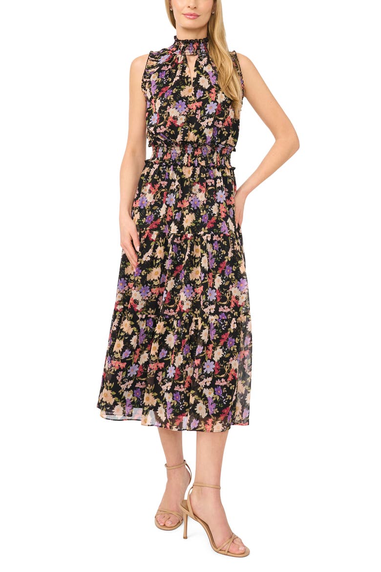 Floral Mock Neck Midi Dress, Main, color, RICH BLACK