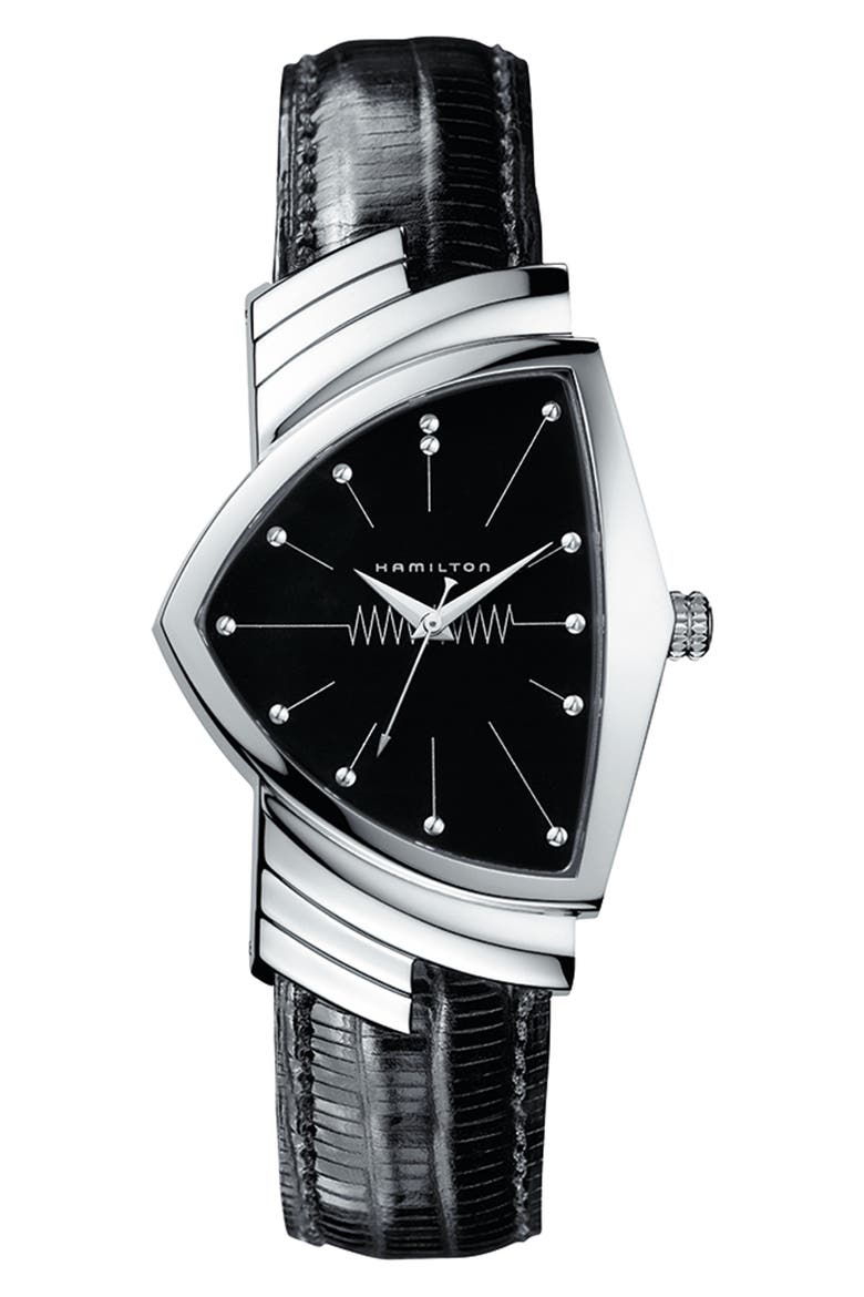 Ventura Leather Strap Watch, 32mm x 50mm, Main, color, BLACK/ SILVER