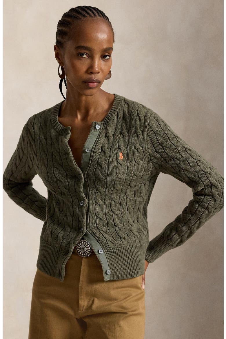 Cable Knit Cotton Crewneck Cardigan, Alternate, color, DENSE OLIVE