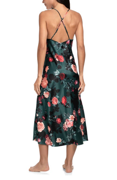 In Bloom By Jonquil Lace Trim Stretch Satin Nightgown In Forest Green