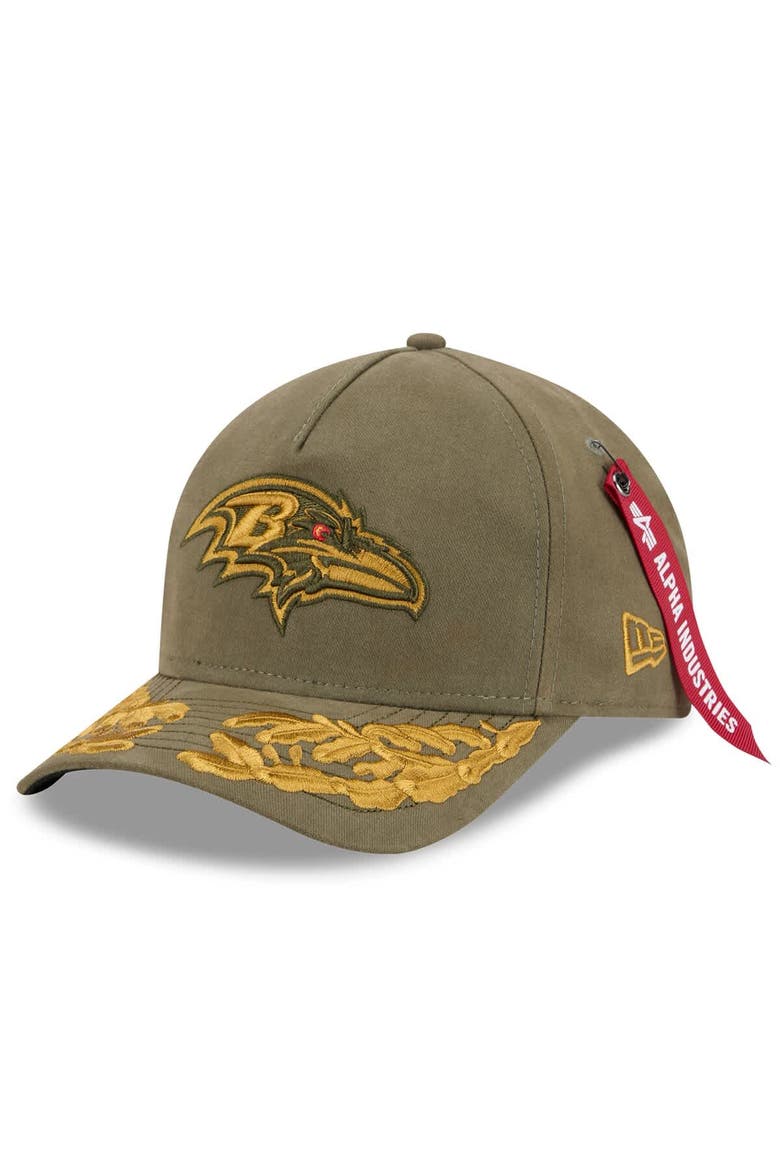Men's New Era x Alpha Industries  Olive Baltimore Ravens A-Frame 9FORTY Adjustable Hat, Main, color, Olive