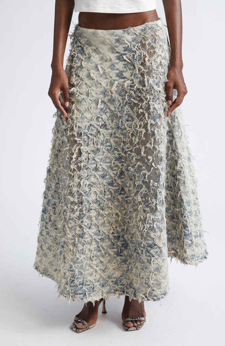 DIESEL<sup>®</sup> De-Annina-Fsh Dévoré Houndstooth Denim Maxi Skirt, Main, color, Denim