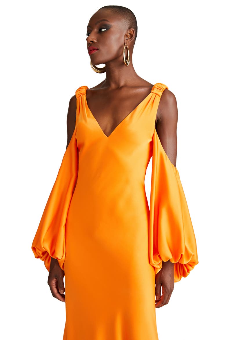 Binnie Cold Shoulder Long Sleeve Satin Gown, Alternate, color, TANGERINE