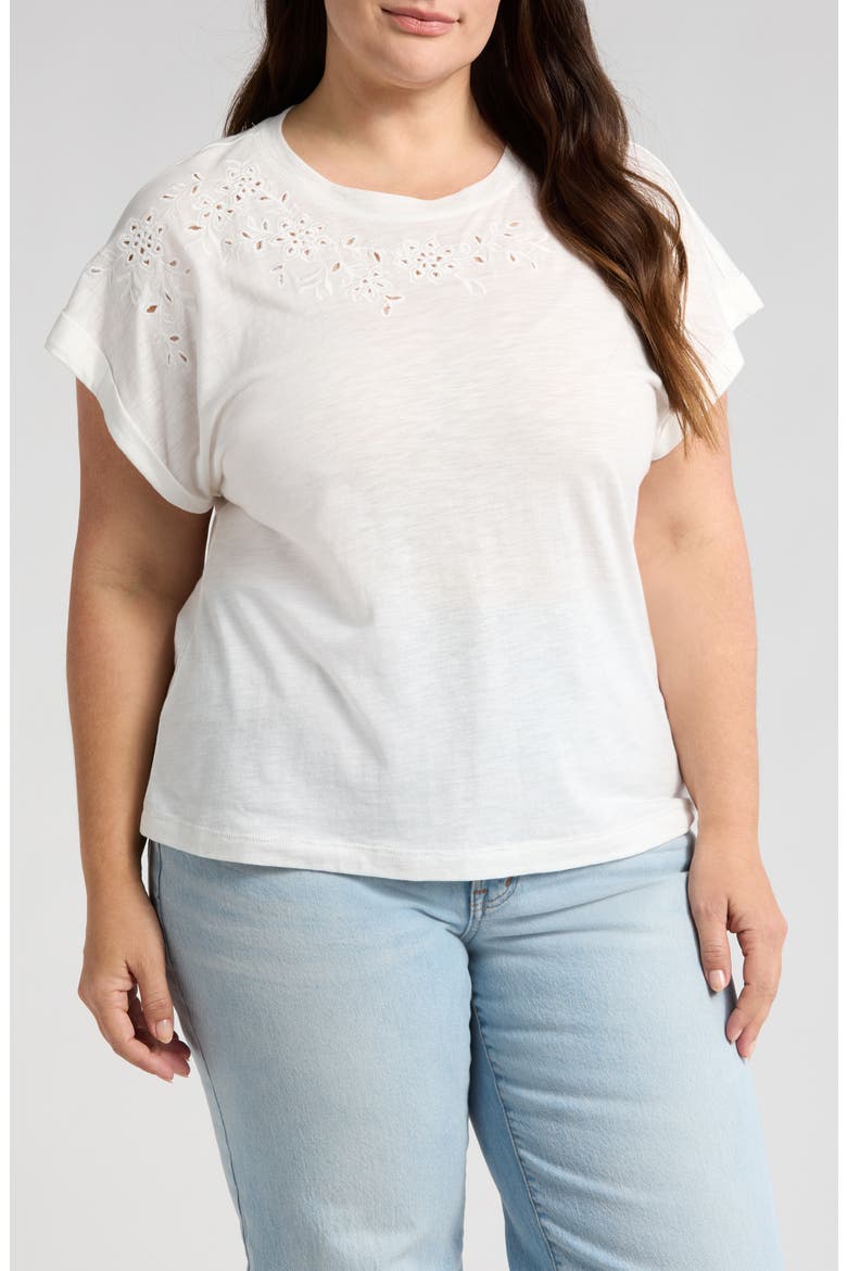 Embroidered Eyelet Cap Sleeve T-Shirt, Main, color, OFF WHITE