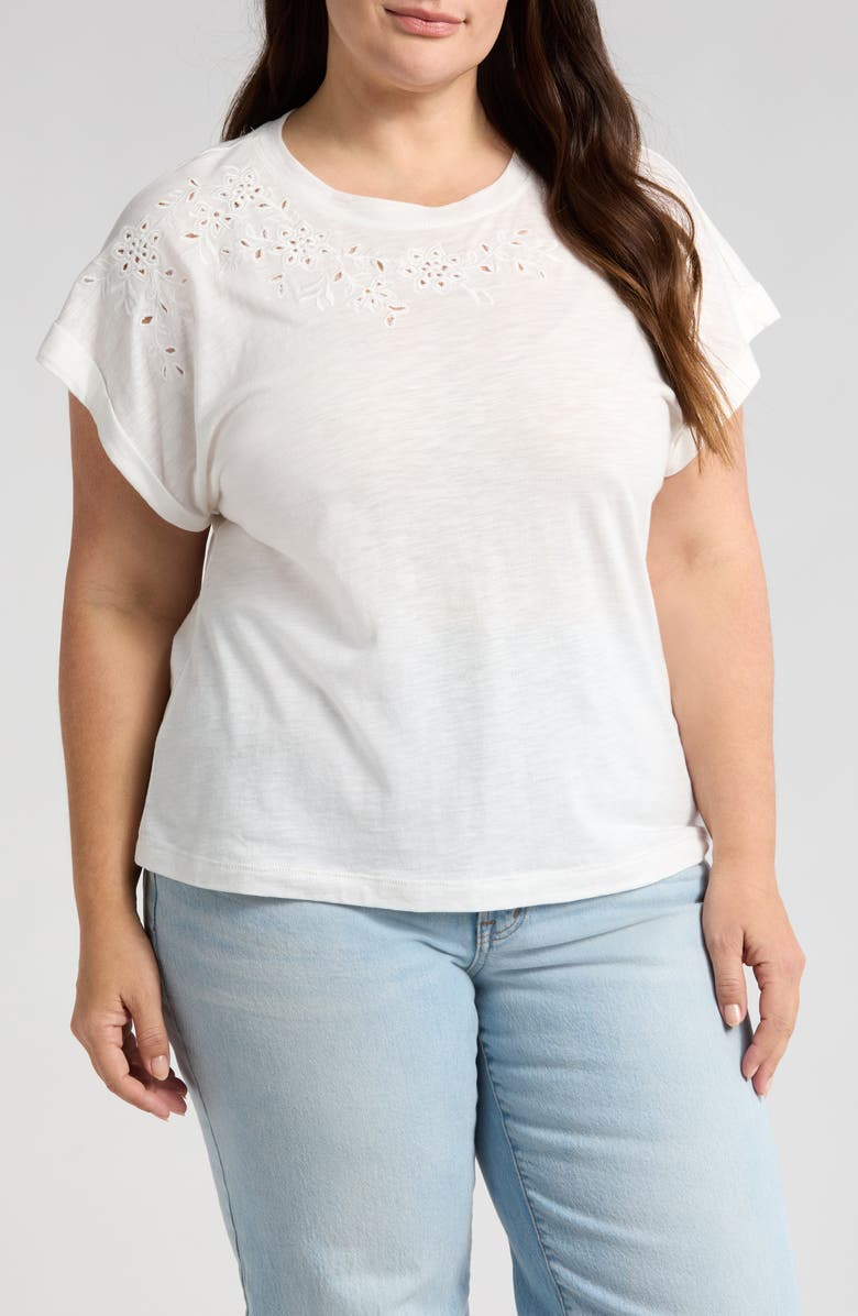 Wit & Wisdom Embroidered Eyelet Cap Sleeve T-Shirt, Main, color, Off White