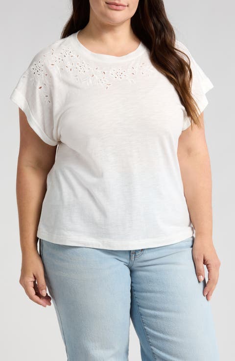 Embroidered Eyelet Cap Sleeve T-Shirt (Plus)