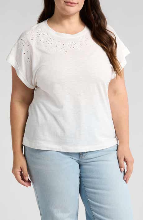 Embroidered Eyelet Cap Sleeve T-Shirt
